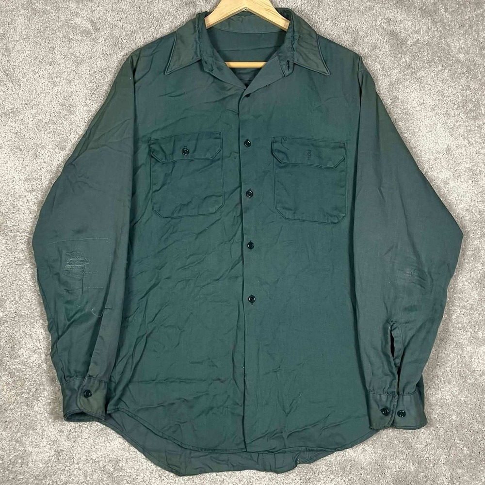 True Vintage 70s Big Mac Shirt Mens XL Green Workwear Twill Sun Faded Made USA